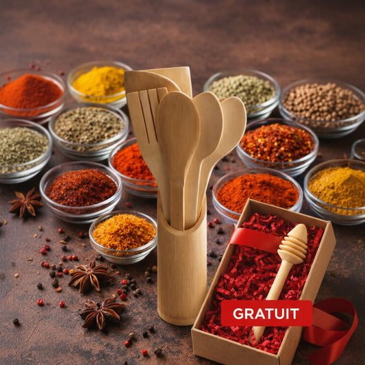 طقم ملاعق خشبية من الخيزران مع الحامل للمطبخ